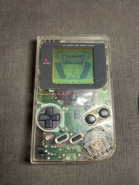 Rear of clear-shell Nintendo Game Boy with DMG-01 model label